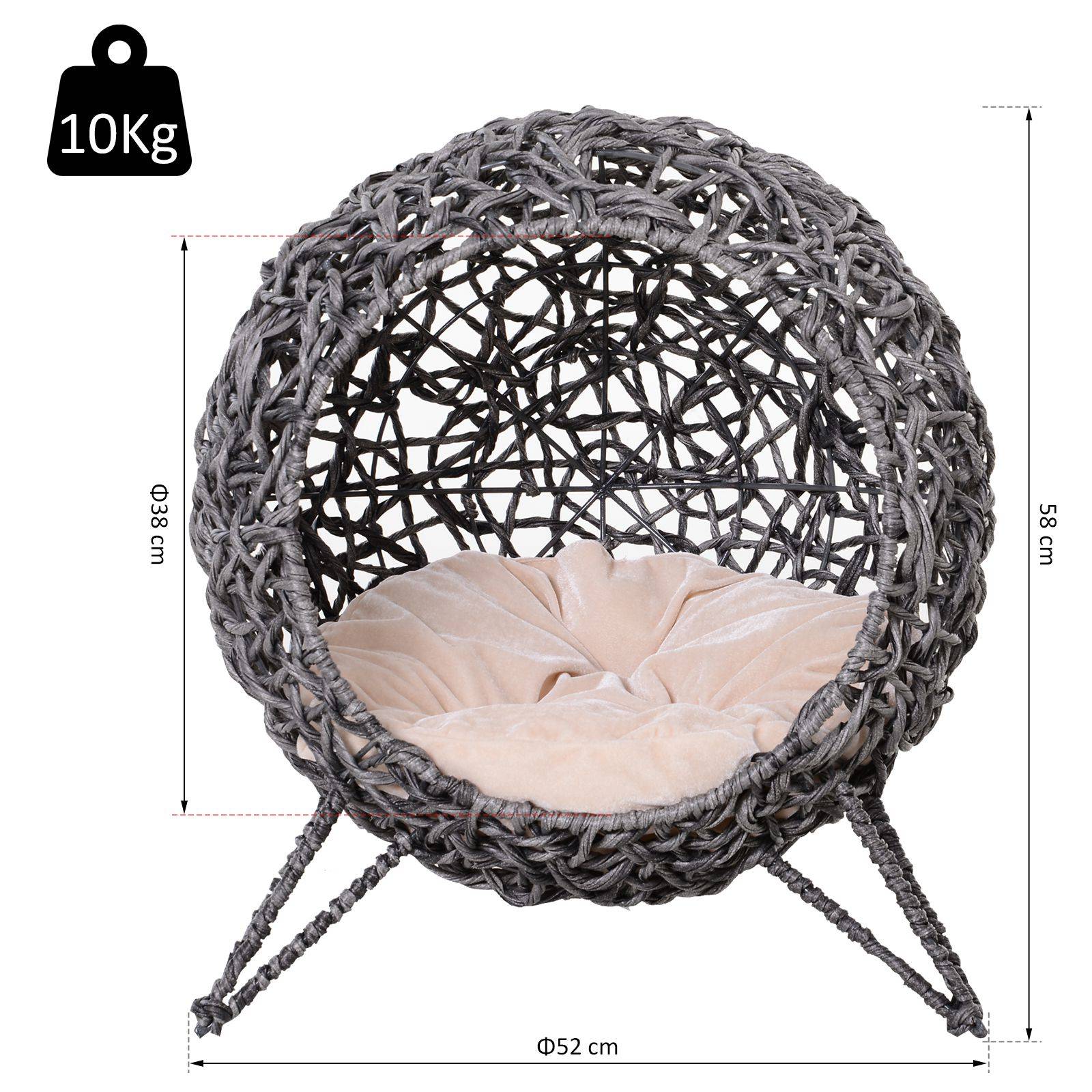 Sans Marque - Maison Rotin avec coussin couchage chat cachette pieds surélevés Gris argent Ø52x58cm - Image 5