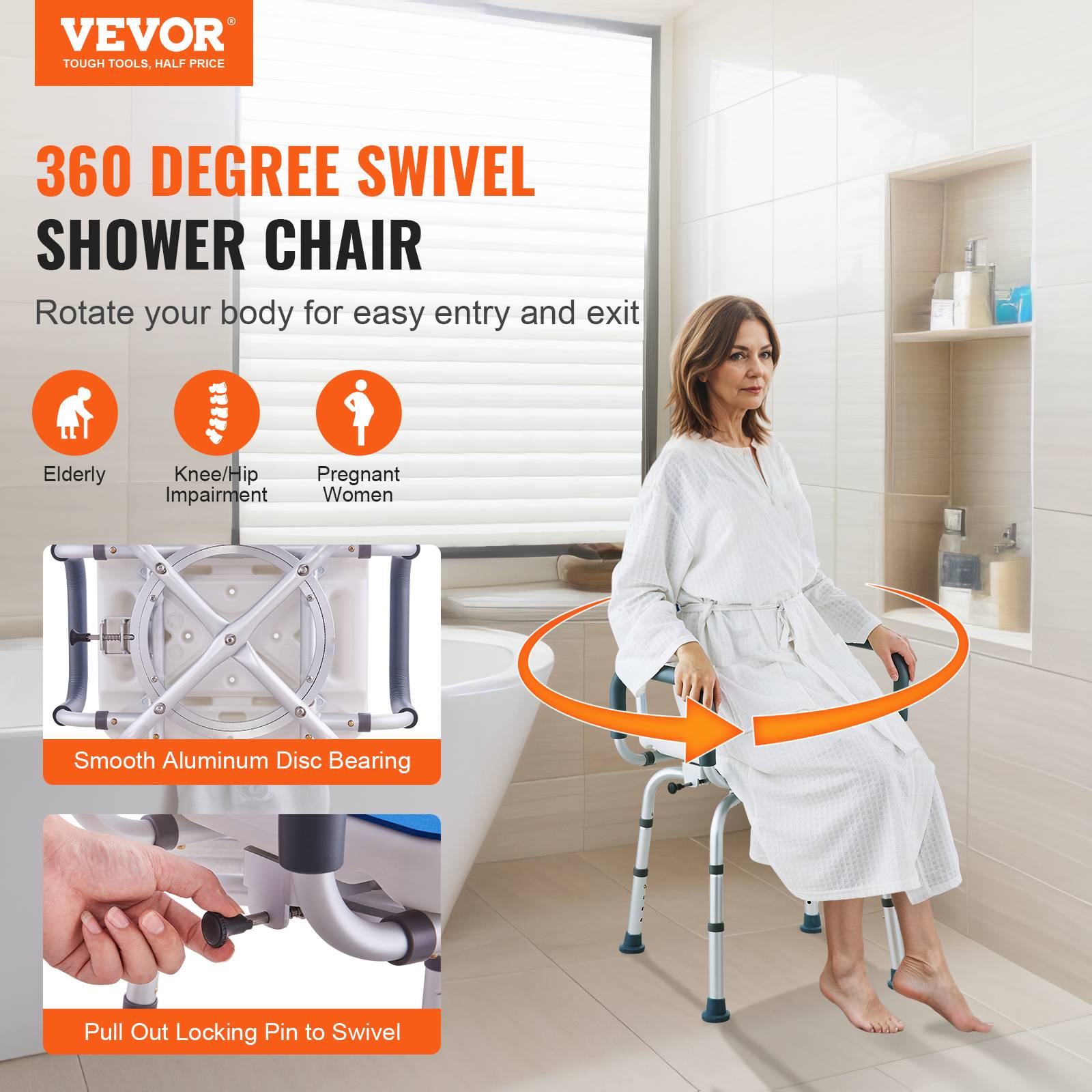 Vevor - VEVOR Chaise douche pivotante 360°, siège régl., accoudoirs/dossier, douche/baignoire, cap.400lb. - Image 2