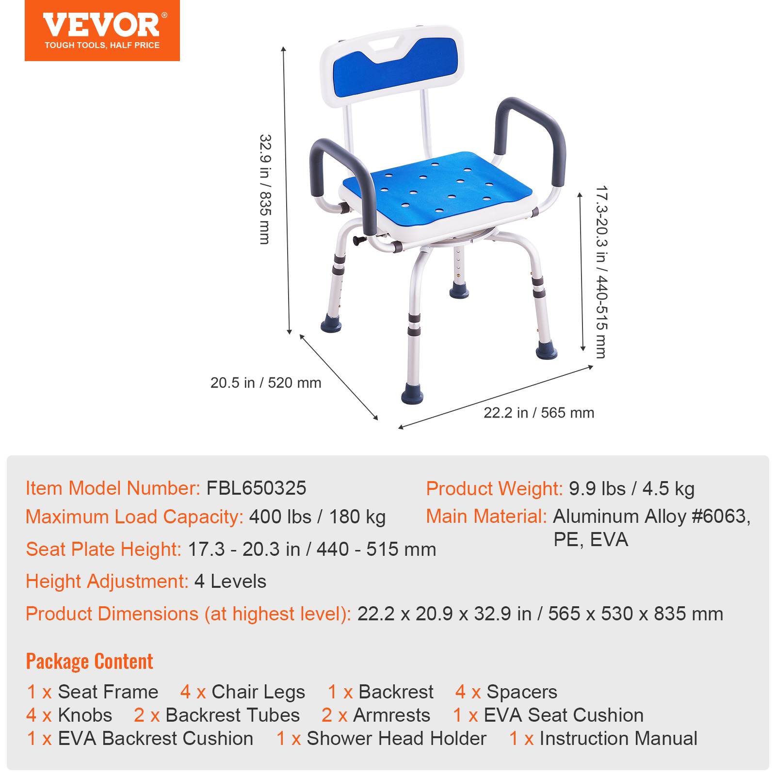 Vevor - VEVOR Chaise douche pivotante 360°, siège régl., accoudoirs/dossier, douche/baignoire, cap.400lb. - Image 7