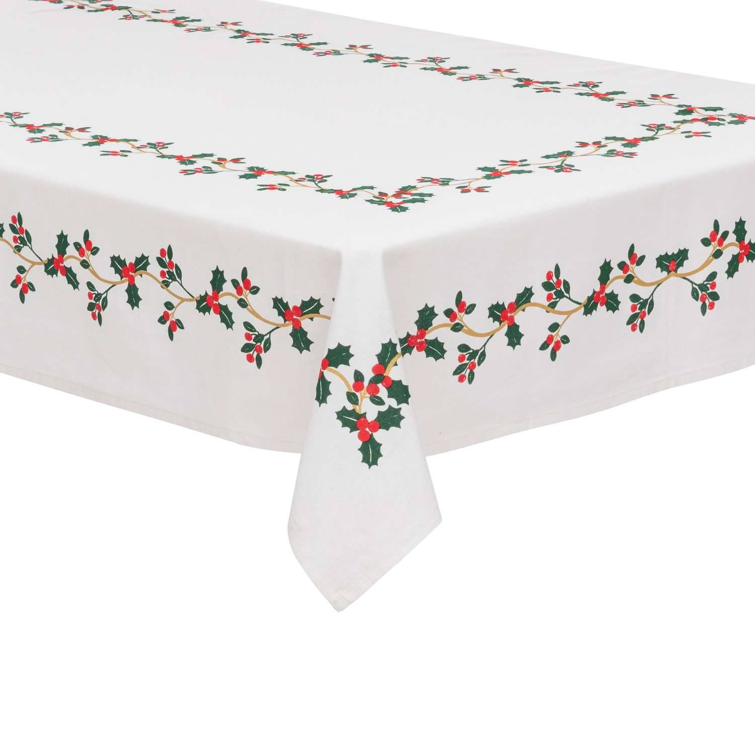 Atmosphera - Nappe de Noël rectangulaire motifs houx et baies - L. 140 x 360 cm - Blanc finition dorée - Atmosphera - Image 1