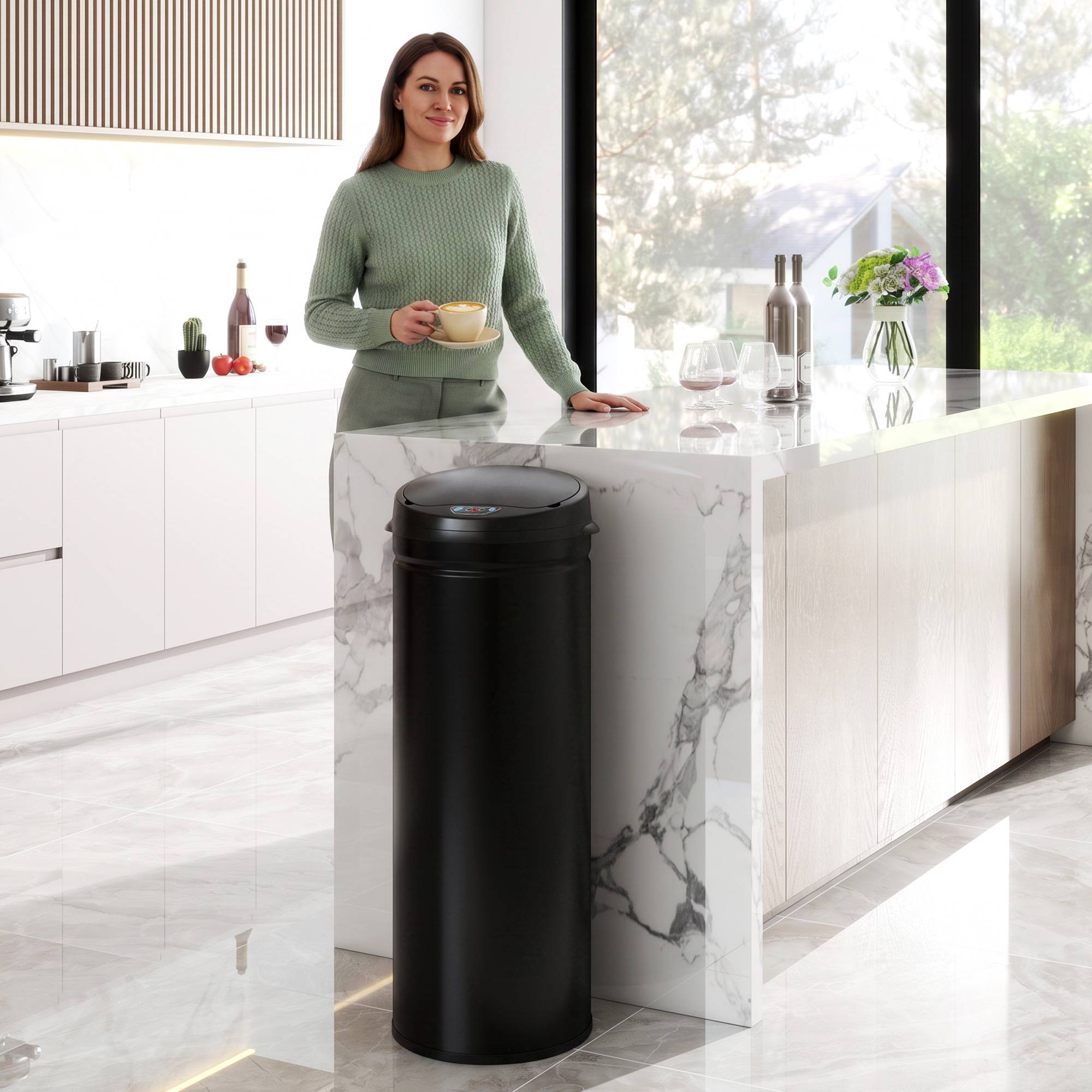 Sans Marque - Cube cuisine automatique 50 L capteur infrarouge anti-traces inox noir érable - Image 3