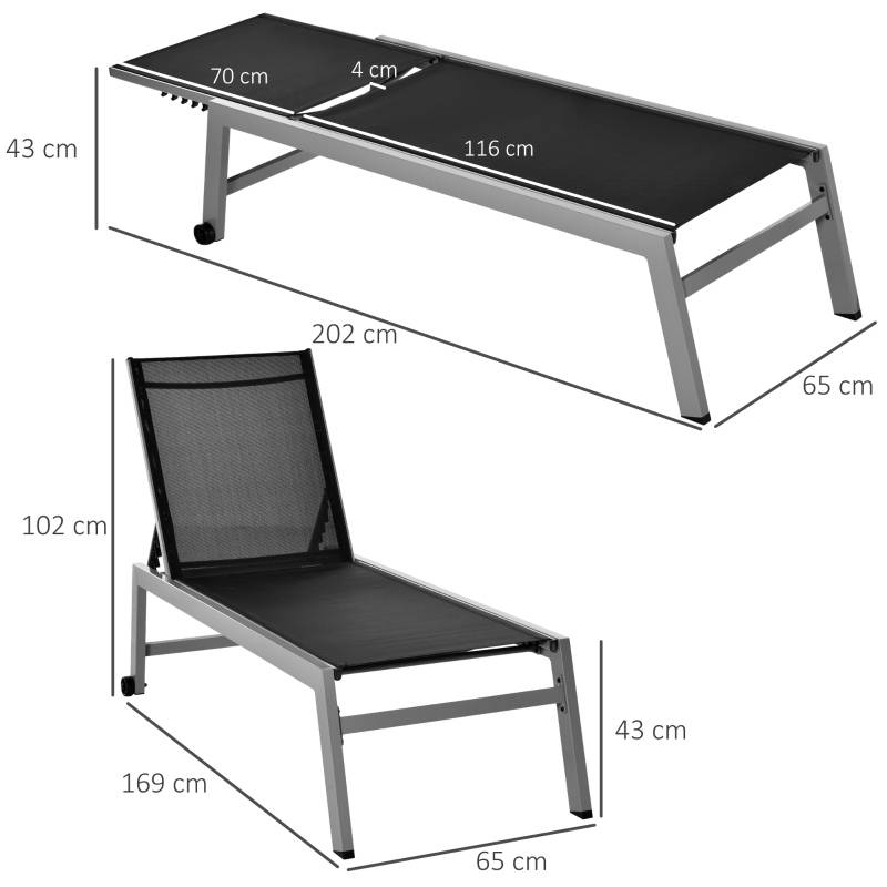 Transat bain de soleil aluminium jardin terrasse dossier réglable roues 202x65cm noir - ComfortXL Outdoor Living - Image 3