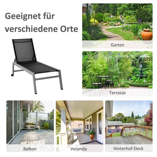 Transat bain de soleil aluminium jardin terrasse dossier réglable roues 202x65cm noir - ComfortXL Outdoor Living - Image 7