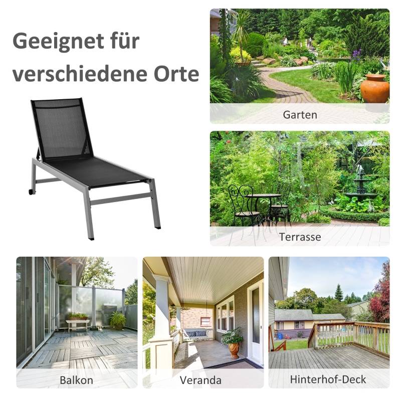 Transat bain de soleil aluminium jardin terrasse dossier réglable roues 202x65cm noir - ComfortXL Outdoor Living - Image 7