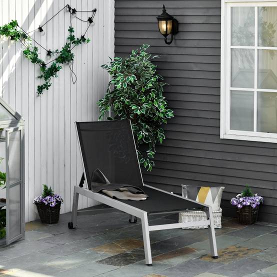 Transat bain de soleil aluminium jardin terrasse dossier réglable roues 202x65cm noir - ComfortXL Outdoor Living - Image 1