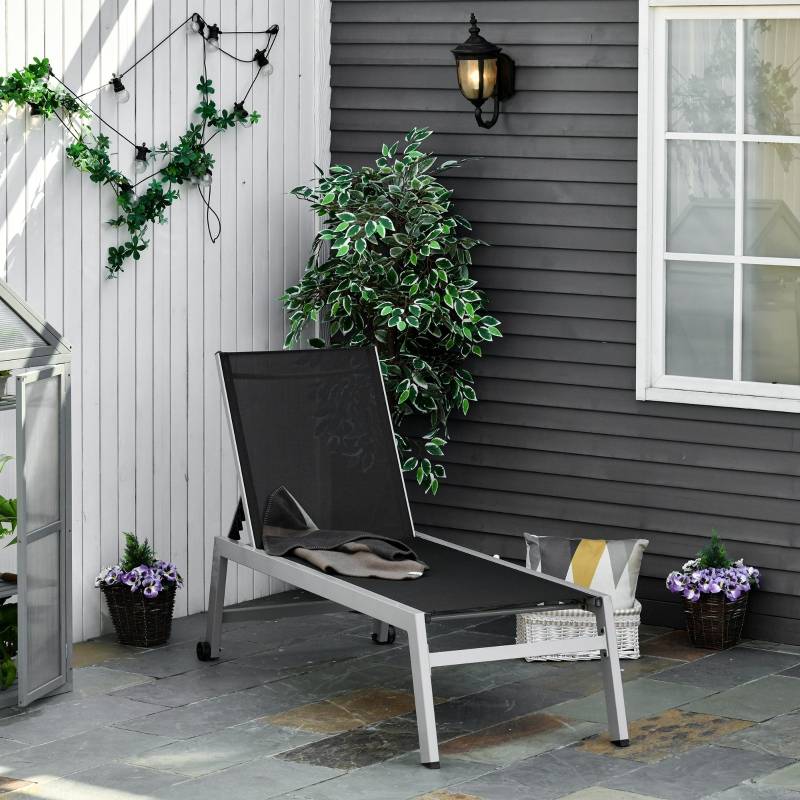Transat bain de soleil aluminium jardin terrasse dossier réglable roues 202x65cm noir - ComfortXL Outdoor Living - Image 1