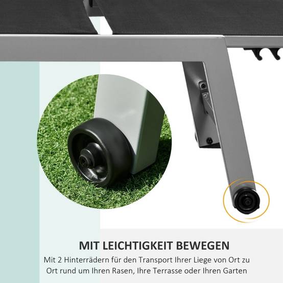 Transat bain de soleil aluminium jardin terrasse dossier réglable roues 202x65cm noir - ComfortXL Outdoor Living - Image 5