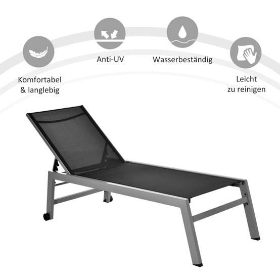 Transat bain de soleil aluminium jardin terrasse dossier réglable roues 202x65cm noir - ComfortXL Outdoor Living - Image 4
