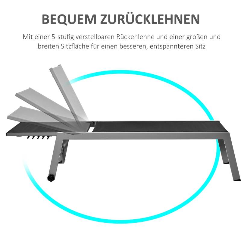 Transat bain de soleil aluminium jardin terrasse dossier réglable roues 202x65cm noir - ComfortXL Outdoor Living - Image 6