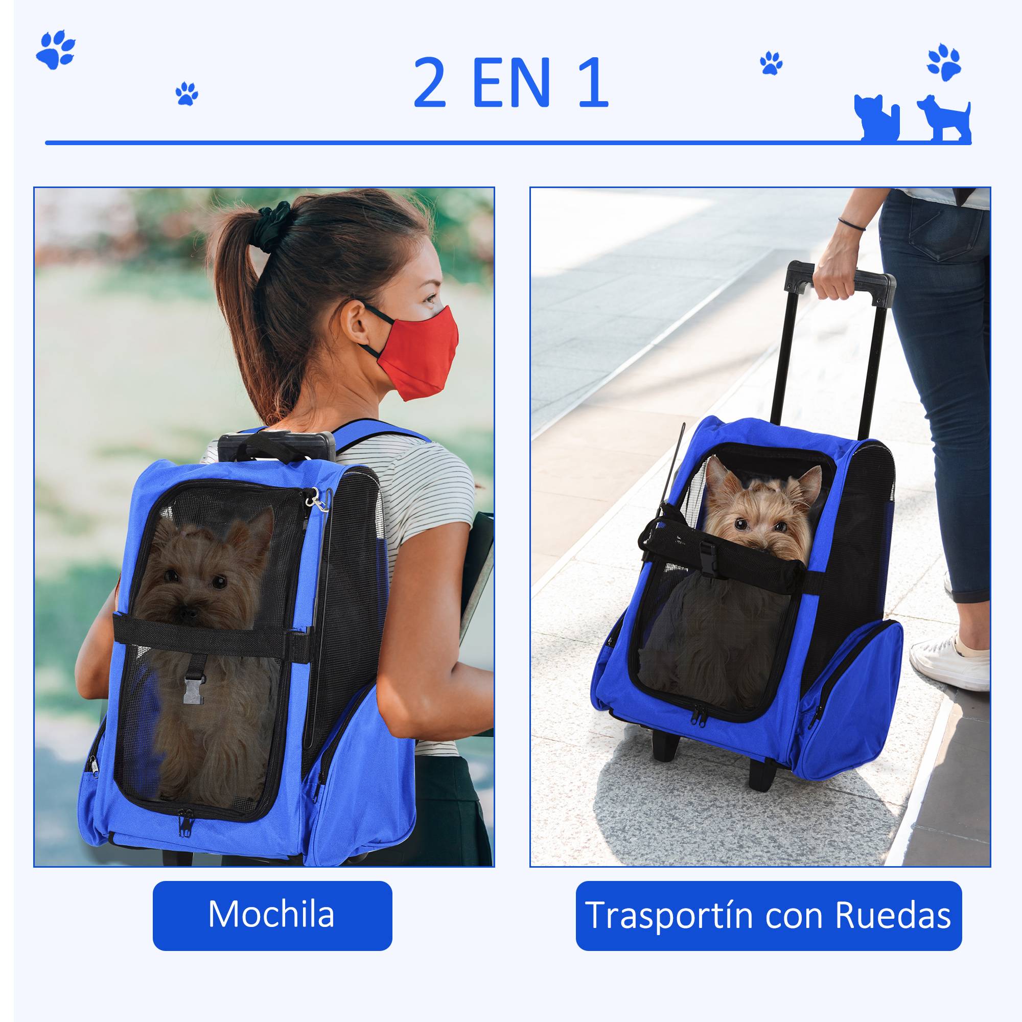 Sac à dos ou trolley de transport 2 en 1 pour chiens et chats, avec 2 roues, poignée rétractable en aluminium et poches, 42 x 25 x 55 cm, bleu - Image 6