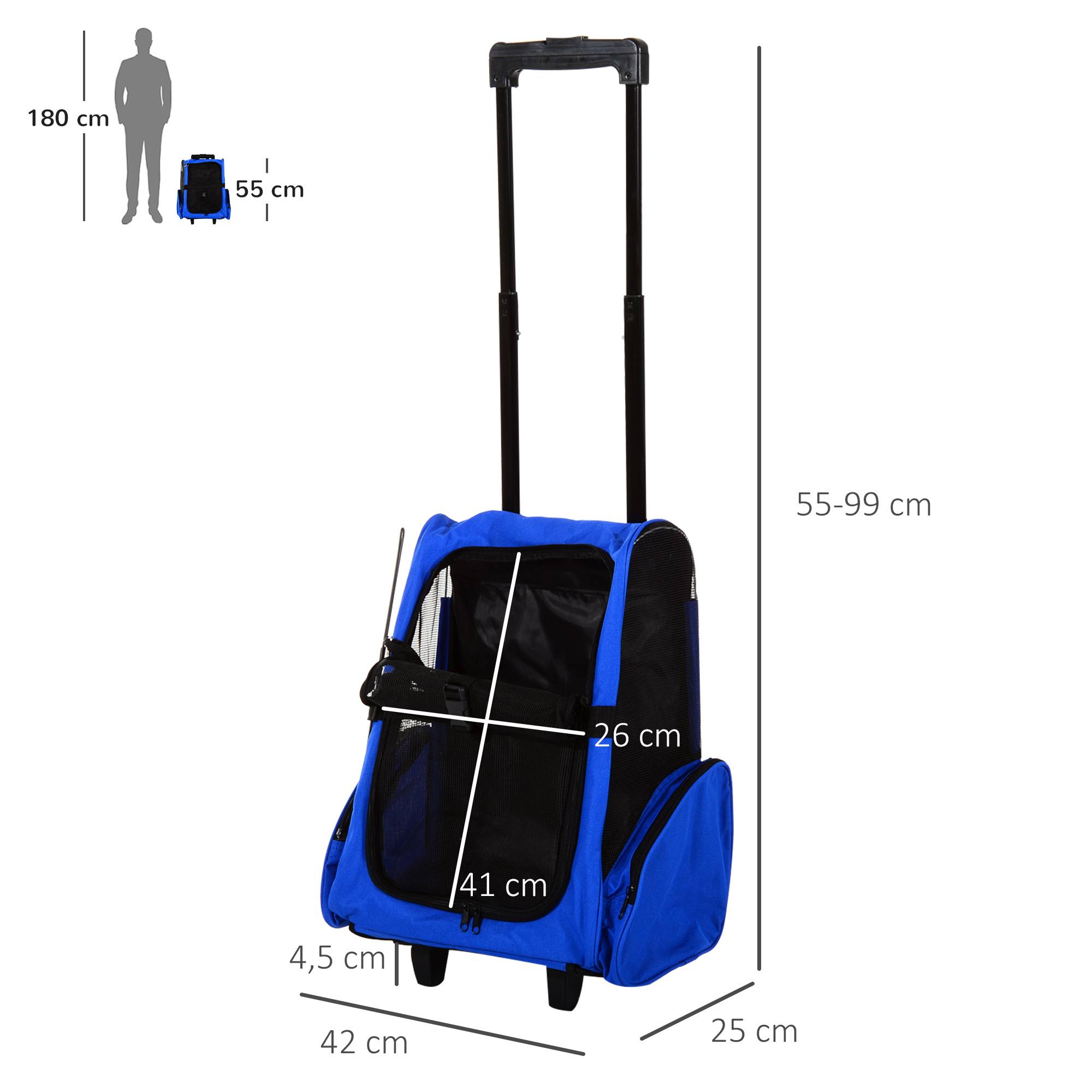 Sac à dos ou trolley de transport 2 en 1 pour chiens et chats, avec 2 roues, poignée rétractable en aluminium et poches, 42 x 25 x 55 cm, bleu - Image 5