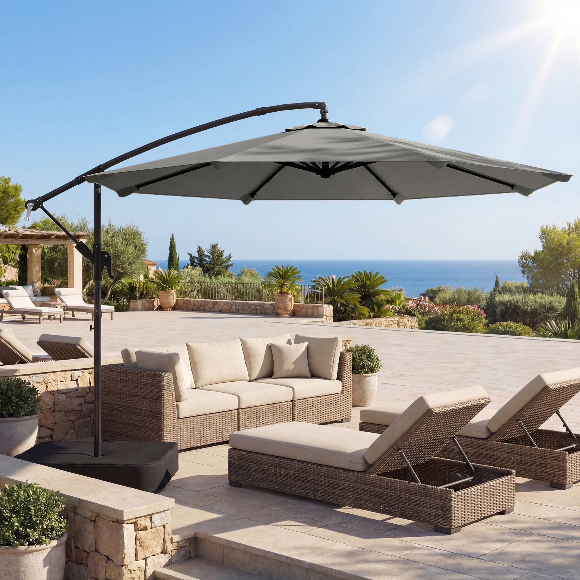 Outsunny - Parasol déporté rotatif 360° et manivelle - base et sac sable inclus - métal - Ø3m - gris - Outsunny - Image 2