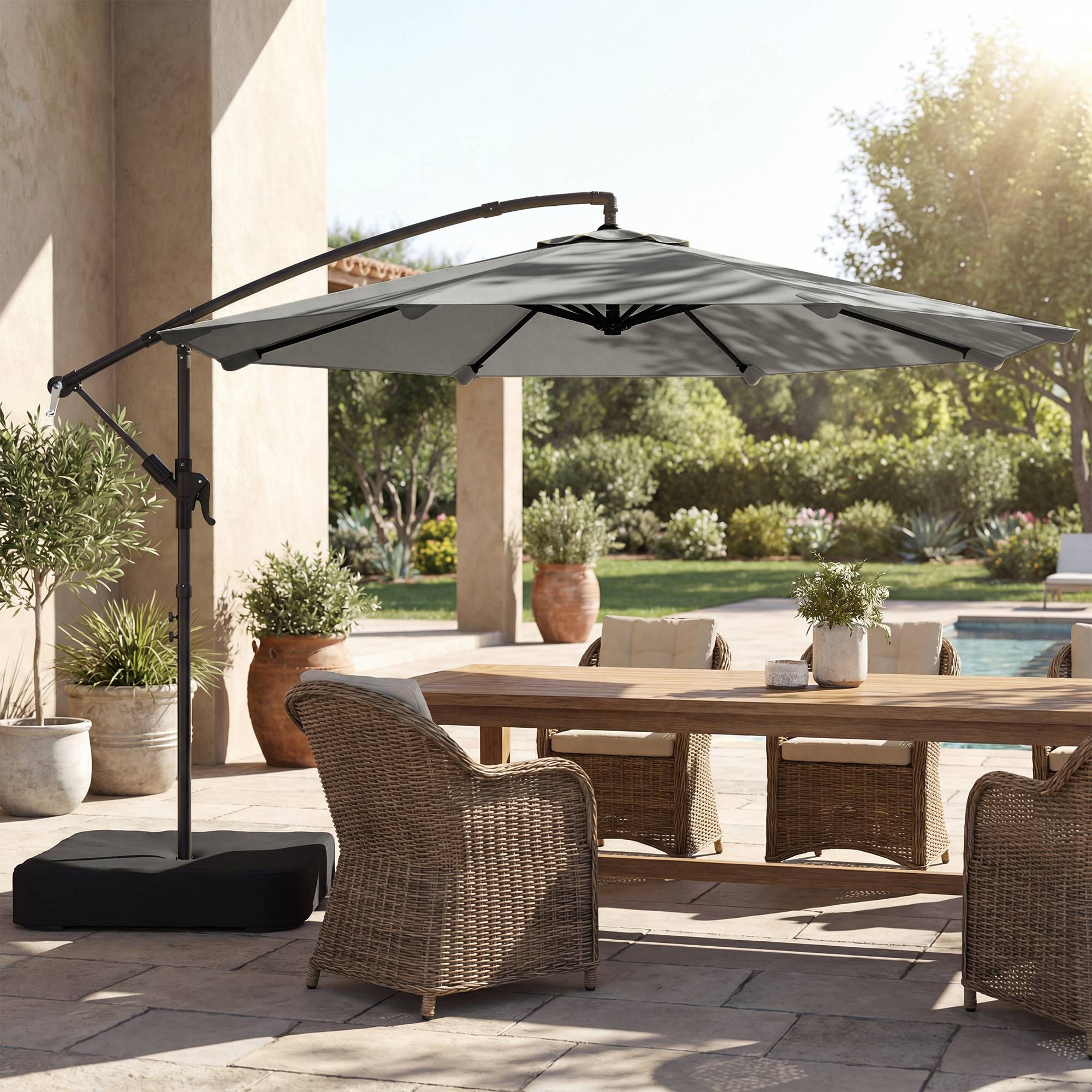 Outsunny - Parasol déporté rotatif 360° et manivelle - base et sac sable inclus - métal - Ø3m - gris - Outsunny - Image 4
