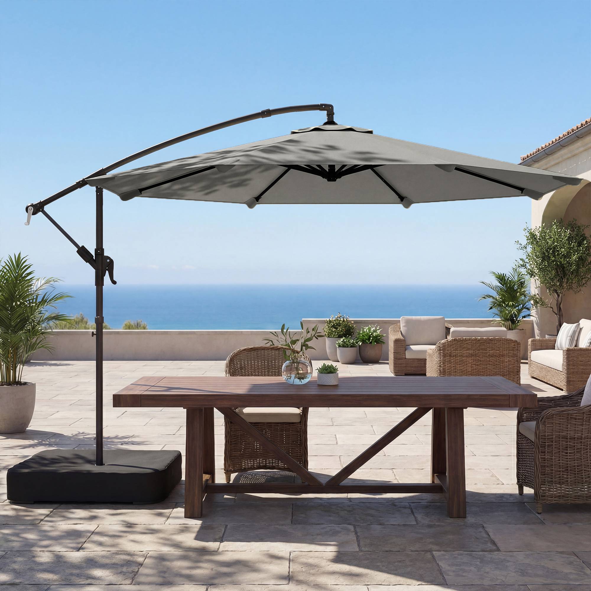 Outsunny - Parasol déporté rotatif 360° et manivelle - base et sac sable inclus - métal - Ø3m - gris - Outsunny - Image 6