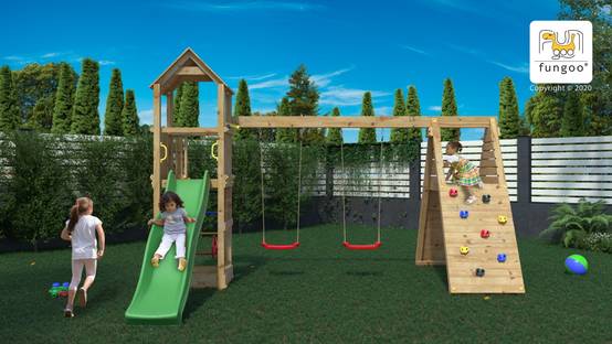 Fungoo - Aire de jeux Bois Fleppi Balançoire double, Toboggan, Plateforme - Image 3