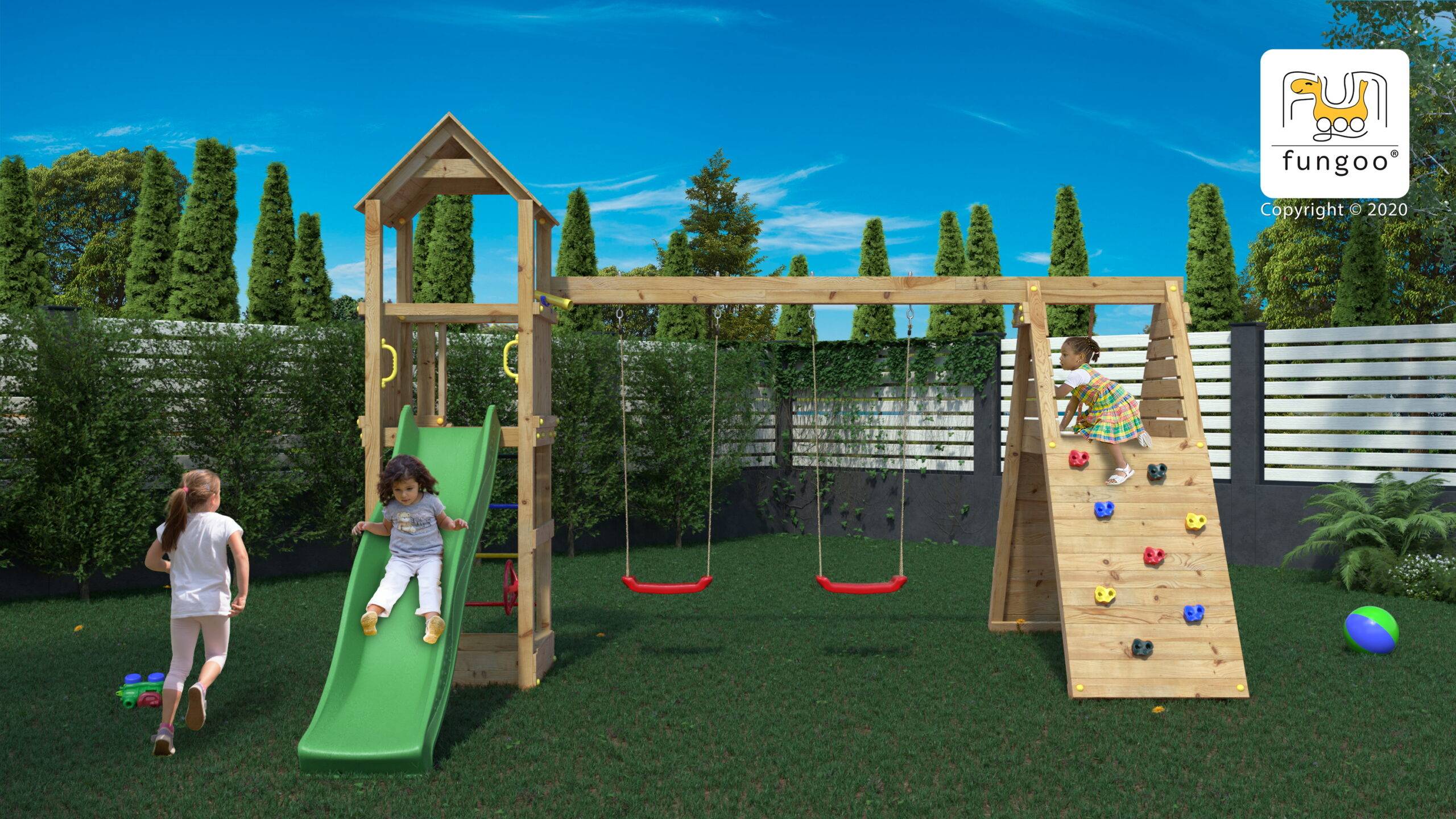Fungoo - Aire de jeux Bois Fleppi Balançoire double, Toboggan, Plateforme - Image 3