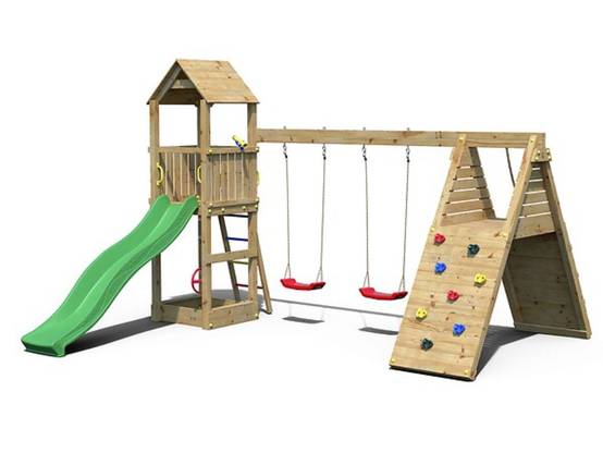 Fungoo - Aire de jeux Bois Fleppi Balançoire double, Toboggan, Plateforme - Image 1