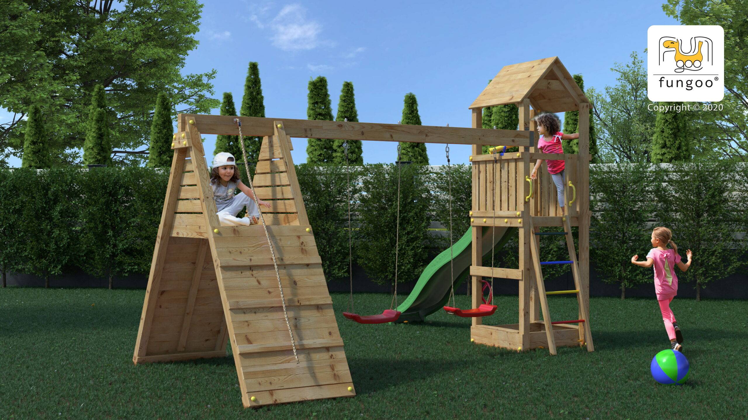 Fungoo - Aire de jeux Bois Fleppi Balançoire double, Toboggan, Plateforme - Image 4