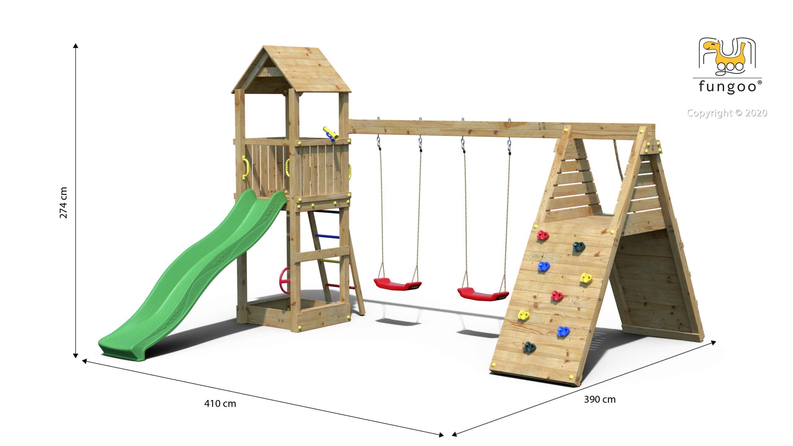 Fungoo - Aire de jeux Bois Fleppi Balançoire double, Toboggan, Plateforme - Image 5