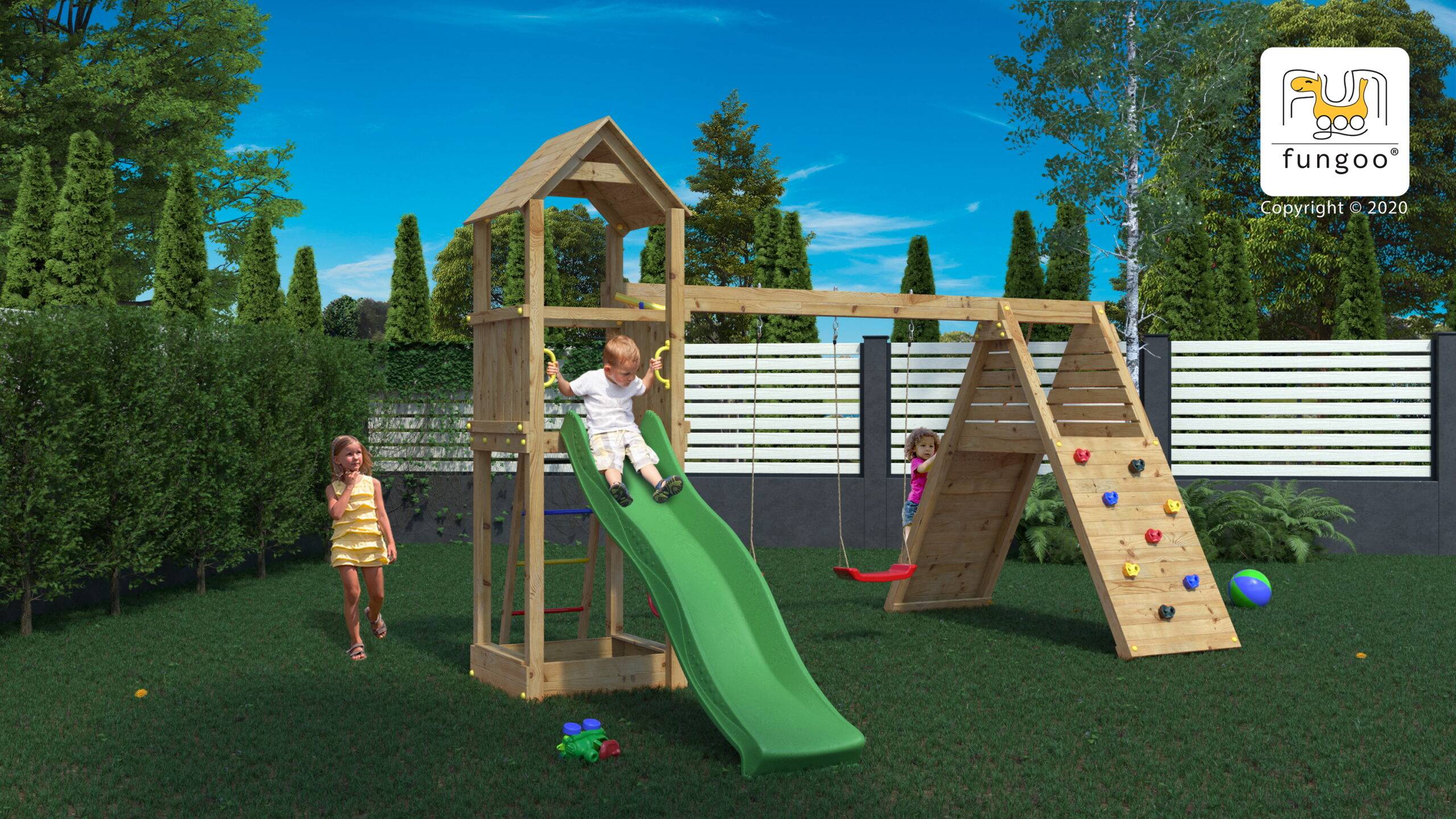 Fungoo - Aire de jeux Bois Fleppi Balançoire double, Toboggan, Plateforme - Image 2