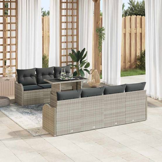 Salon de jardin modulable 8 pcs en poly rotin tissé pour 7 convives Gris clair – ComfortXL Outdoor Living - Image 1