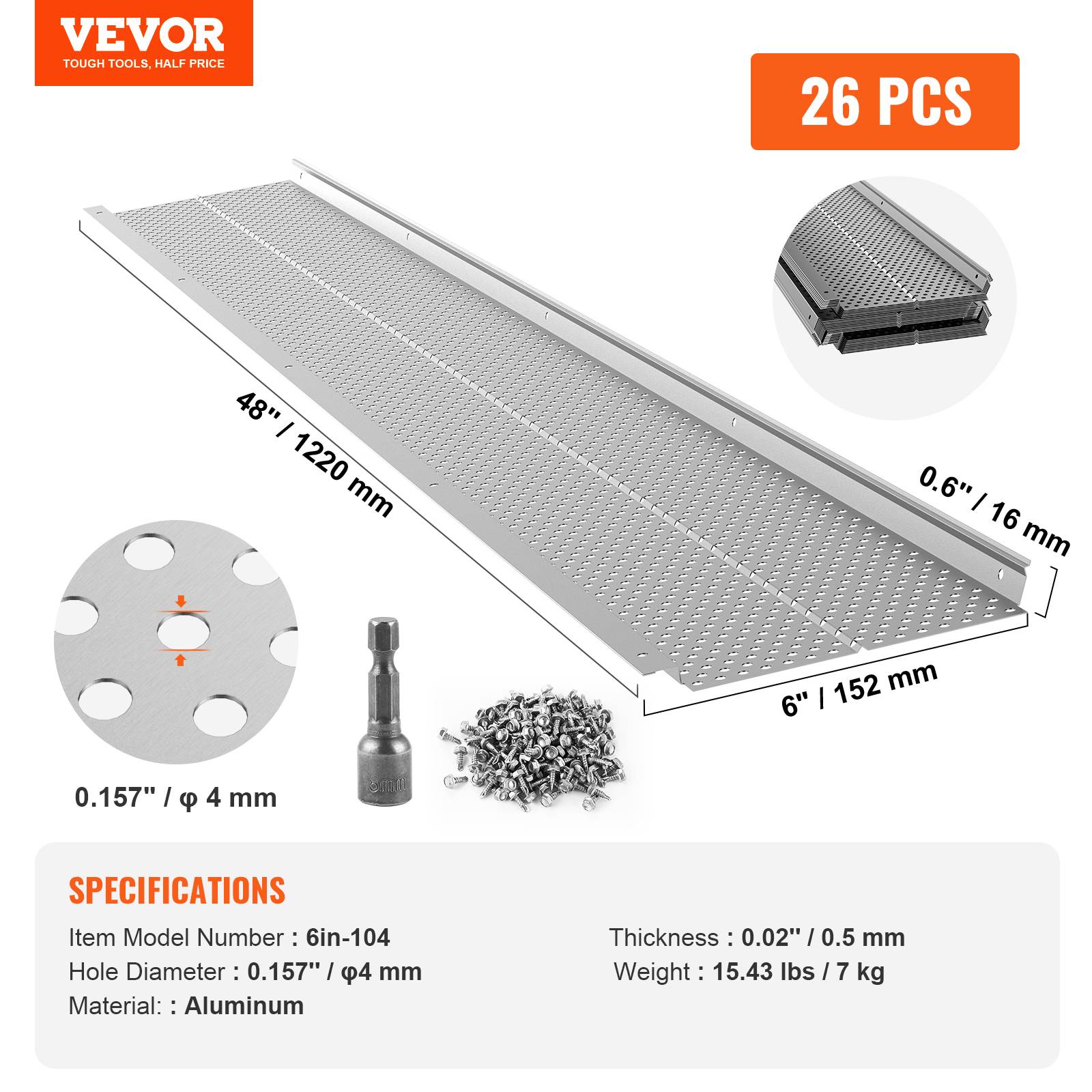 Vevor - VEVOR Grille protection gouttière 152 mm, alu, 26 pièces, longueur totale 31,7 m. Anti-feuilles, trou 4 mm. - Image 7