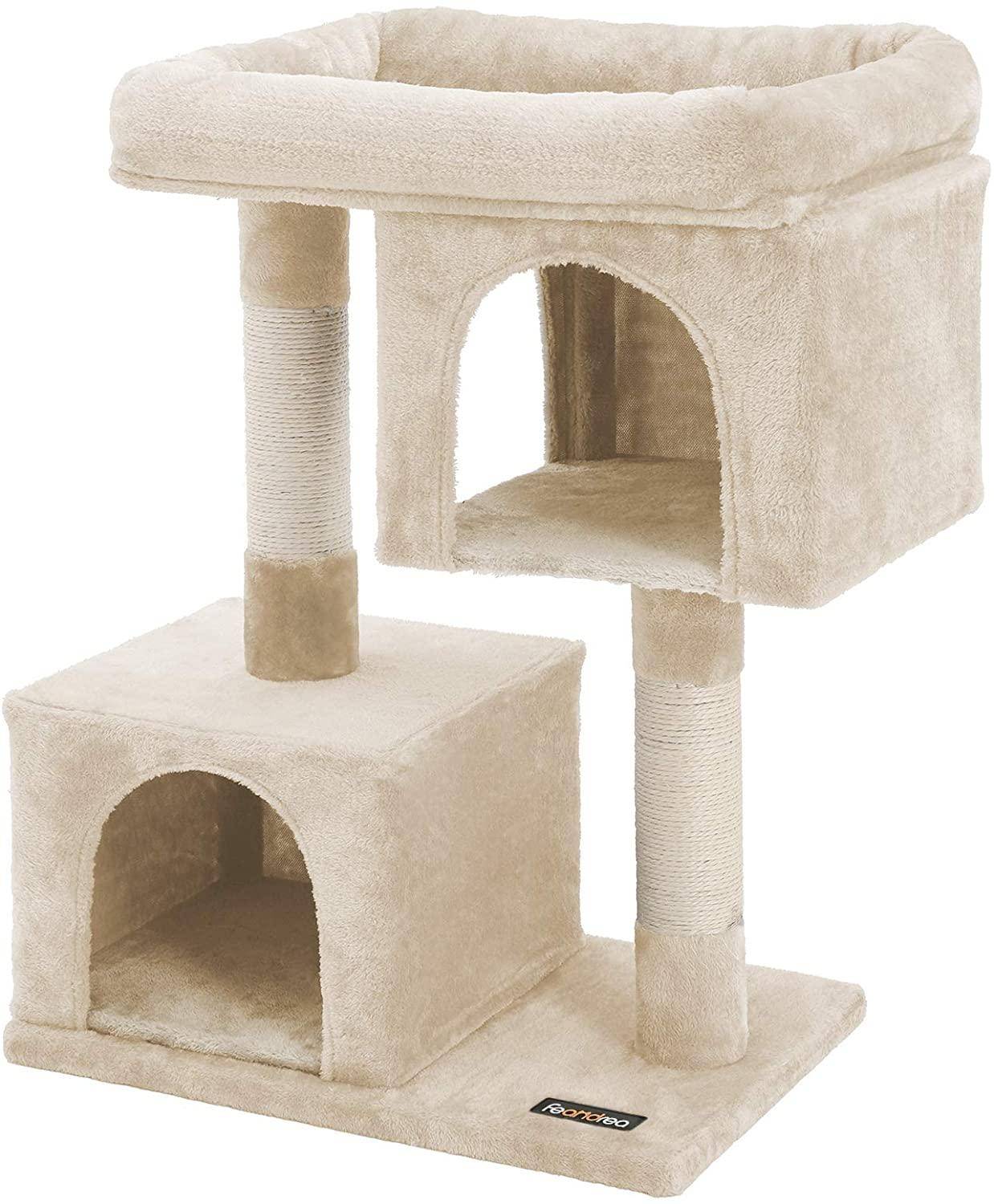 Arbre à chat colonne en sisal pour aiguiser les griffes 2 niches luxueuses maison de jeu meubles pour chatons chats et félins couleur beige - Image 1