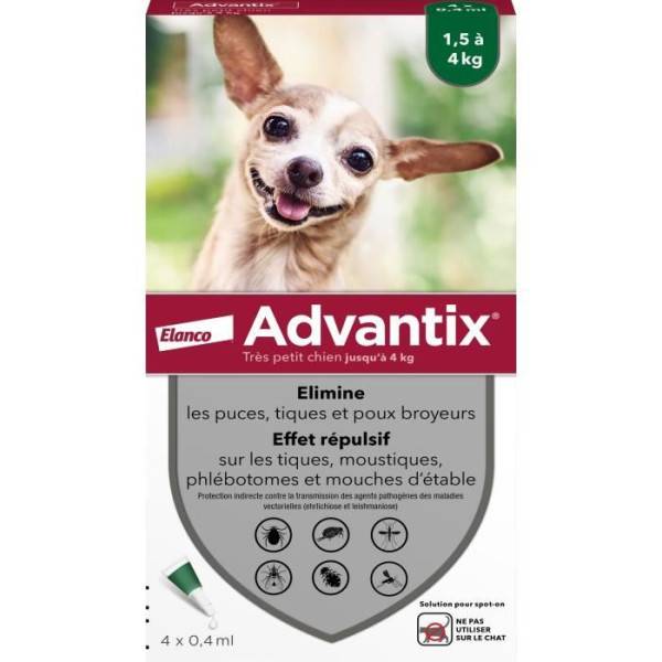Advantix - Advantix Chien Solution Antiparasitaire Puces Tiques Répulsif Mouches Moustiques Phlébotomes 1,5 a 4kg 4 pipettes