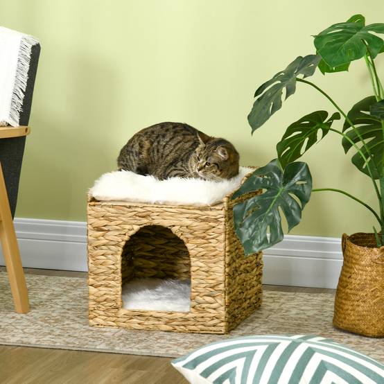 Niche pour chat 2 niveaux avec 2 coussins en jacinthe d'eau - 37,5 x 37,5 x 41,5 cm marron crème - Image 4