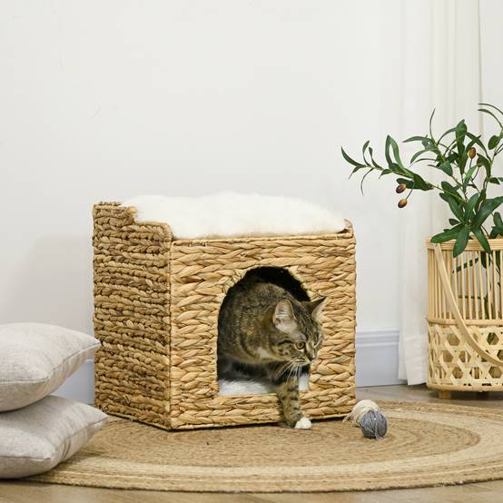 Niche pour chat 2 niveaux avec 2 coussins en jacinthe d'eau - 37,5 x 37,5 x 41,5 cm marron crème - Image 3