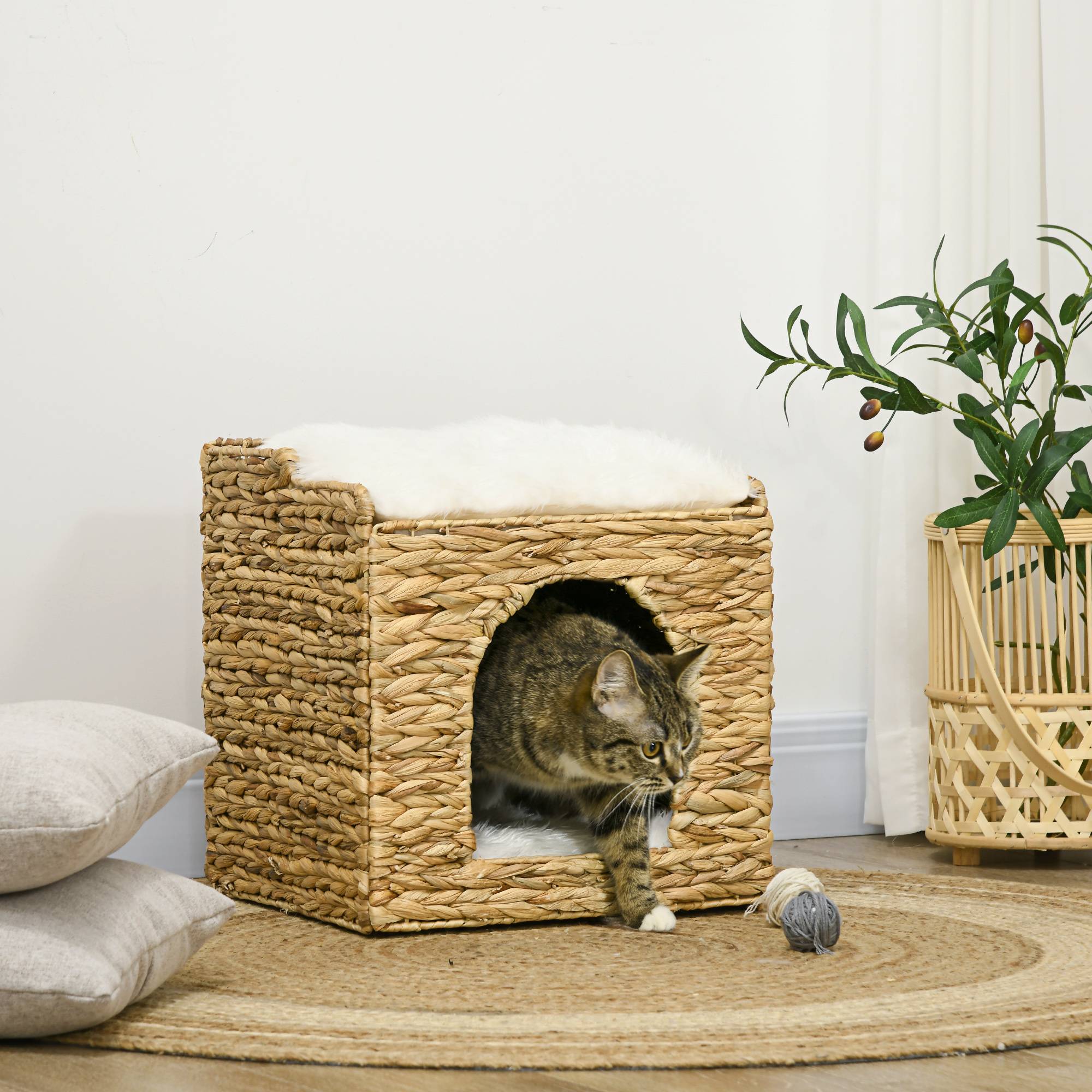 Niche pour chat 2 niveaux avec 2 coussins en jacinthe d'eau - 37,5 x 37,5 x 41,5 cm marron crème - Image 3
