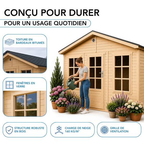 Timbela - Abri de jardin en bois - 8,88 m² - 276x382xH267 cm - sans plancher avec bardeaux bitumineux couleur gris - 17 mm d’épaisseur - Timbela M734 - Image 8