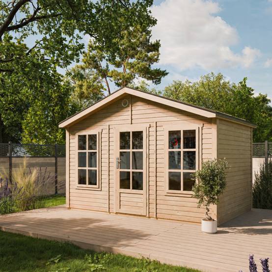Timbela - Abri de jardin en bois - 8,88 m² - 276x382xH267 cm - sans plancher avec bardeaux bitumineux couleur gris - 17 mm d’épaisseur - Timbela M734 - Image 1