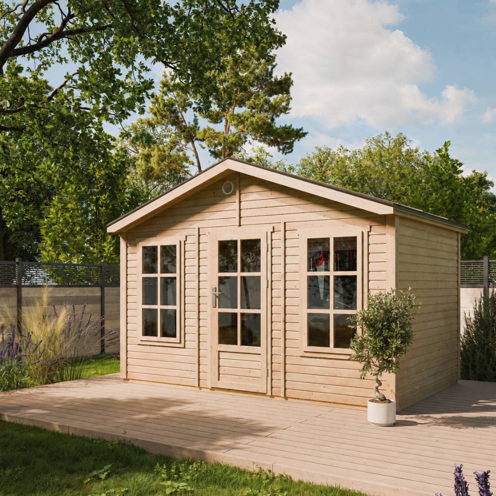 Timbela - Abri de jardin en bois - 8,88 m² - 276x382xH267 cm - sans plancher avec bardeaux bitumineux couleur gris - 17 mm d’épaisseur - Timbela M734 - Image 1