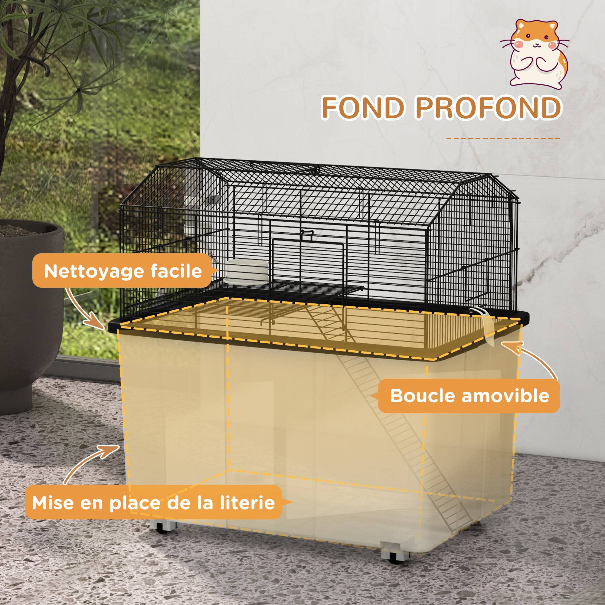 Cage fil d'acier sur roulettes pour hamsters 2 étages avec mangeoire 57x43x57 cm noir - ComfortXL Outdoor Living - Image 9