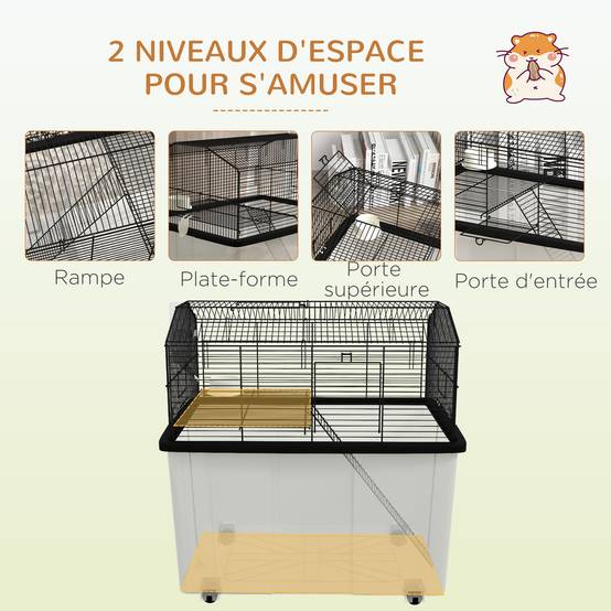 Cage fil d'acier sur roulettes pour hamsters 2 étages avec mangeoire 57x43x57 cm noir - ComfortXL Outdoor Living - Image 6