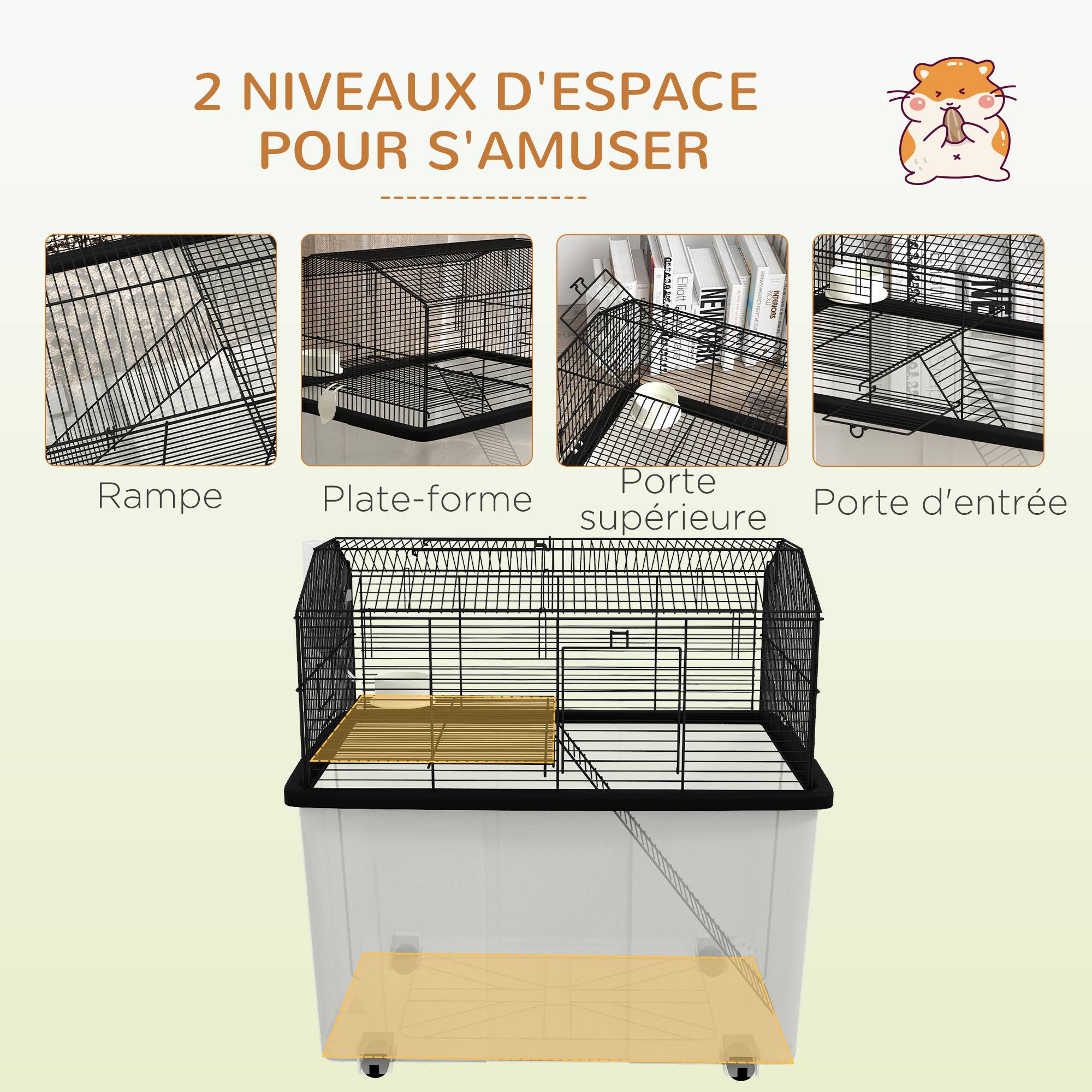 Cage fil d'acier sur roulettes pour hamsters 2 étages avec mangeoire 57x43x57 cm noir - ComfortXL Outdoor Living - Image 6