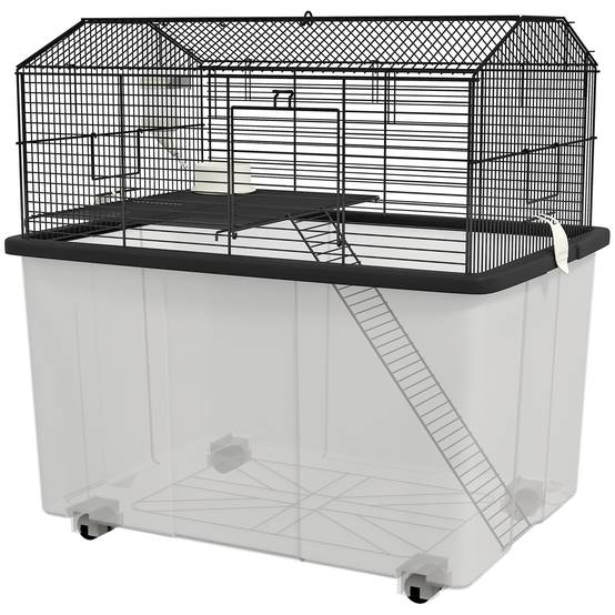 Cage fil d'acier sur roulettes pour hamsters 2 étages avec mangeoire 57x43x57 cm noir - ComfortXL Outdoor Living - Image 2