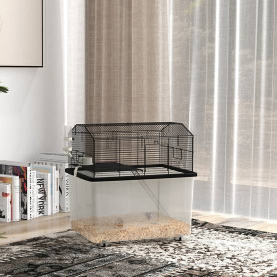 Cage fil d'acier sur roulettes pour hamsters 2 étages avec mangeoire 57x43x57 cm noir - ComfortXL Outdoor Living - Image 3