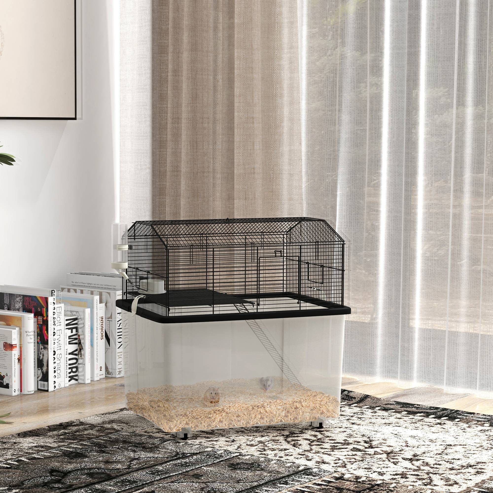 Cage fil d'acier sur roulettes pour hamsters 2 étages avec mangeoire 57x43x57 cm noir - ComfortXL Outdoor Living - Image 3