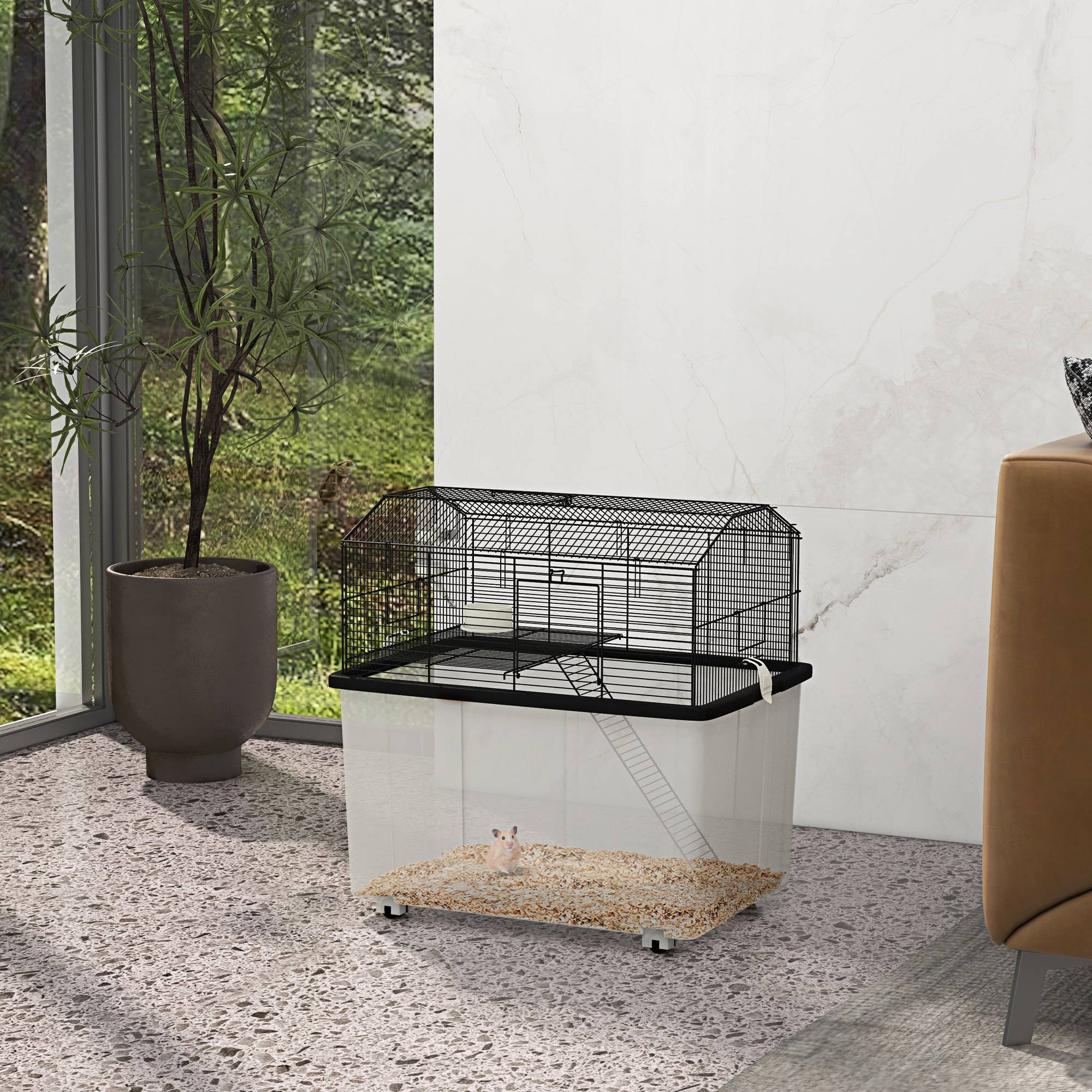 Cage fil d'acier sur roulettes pour hamsters 2 étages avec mangeoire 57x43x57 cm noir - ComfortXL Outdoor Living - Image 4