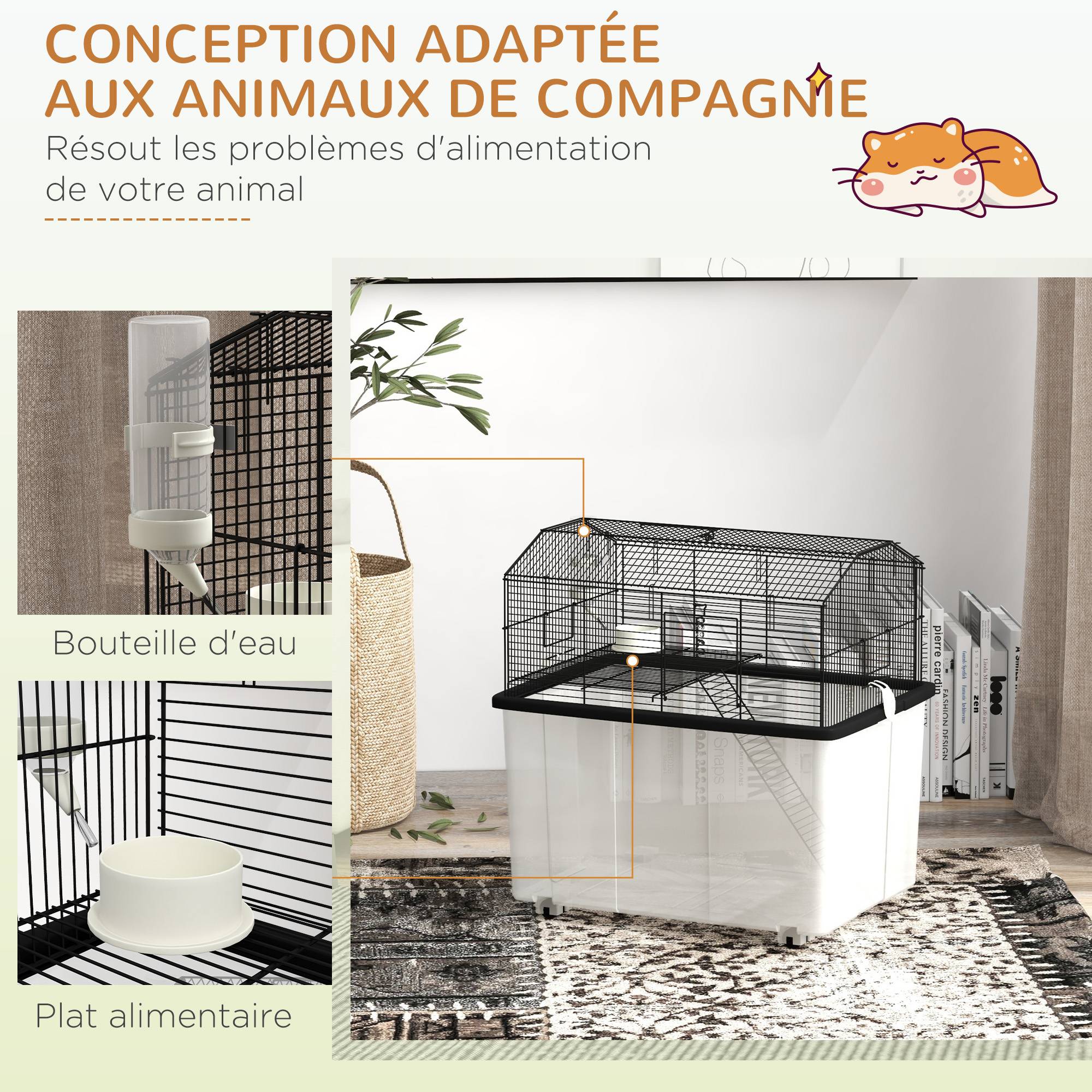 Cage fil d'acier sur roulettes pour hamsters 2 étages avec mangeoire 57x43x57 cm noir - ComfortXL Outdoor Living - Image 8