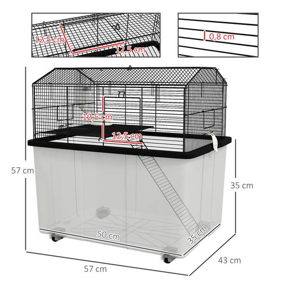Cage fil d'acier sur roulettes pour hamsters 2 étages avec mangeoire 57x43x57 cm noir - ComfortXL Outdoor Living - Image 5