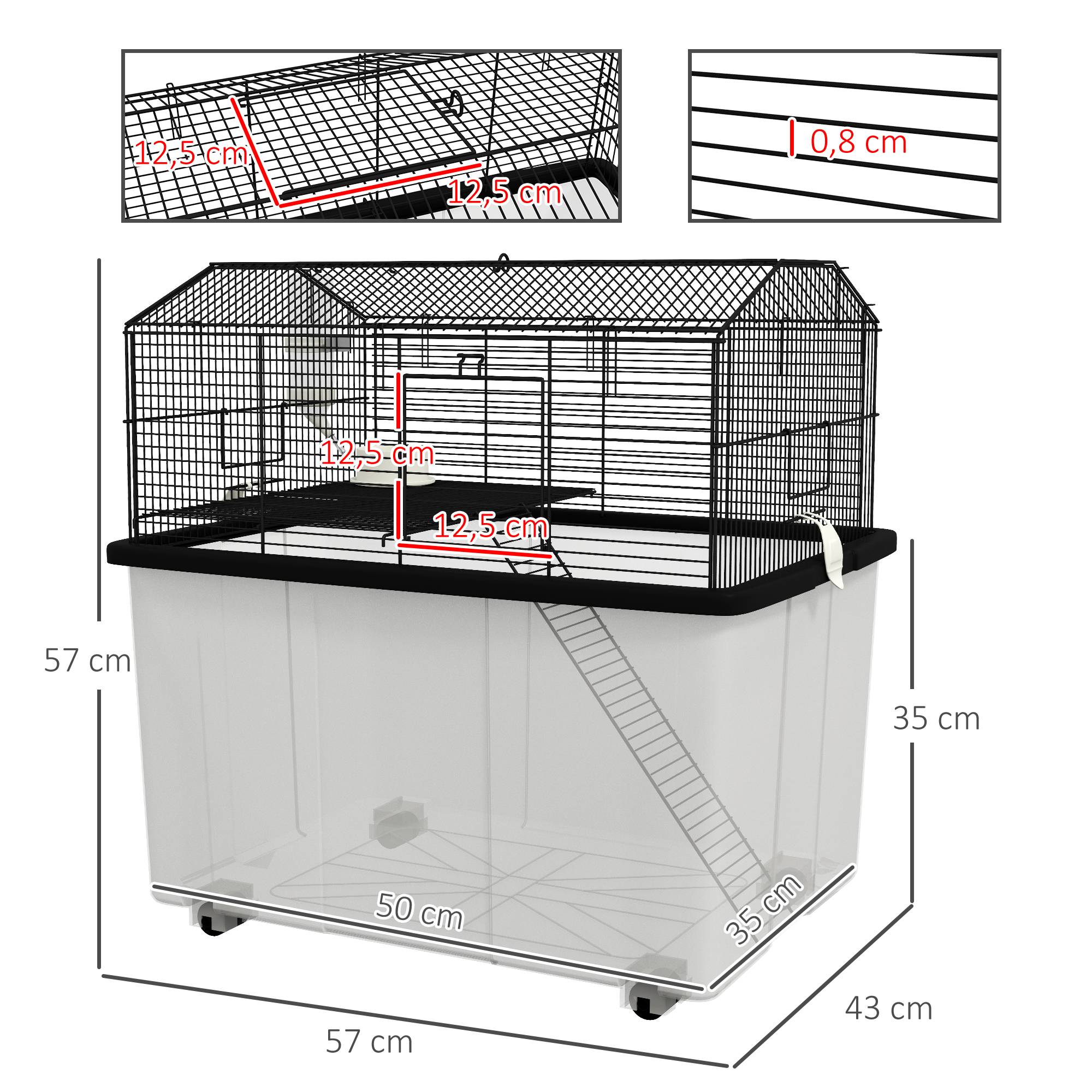 Cage fil d'acier sur roulettes pour hamsters 2 étages avec mangeoire 57x43x57 cm noir - ComfortXL Outdoor Living - Image 5