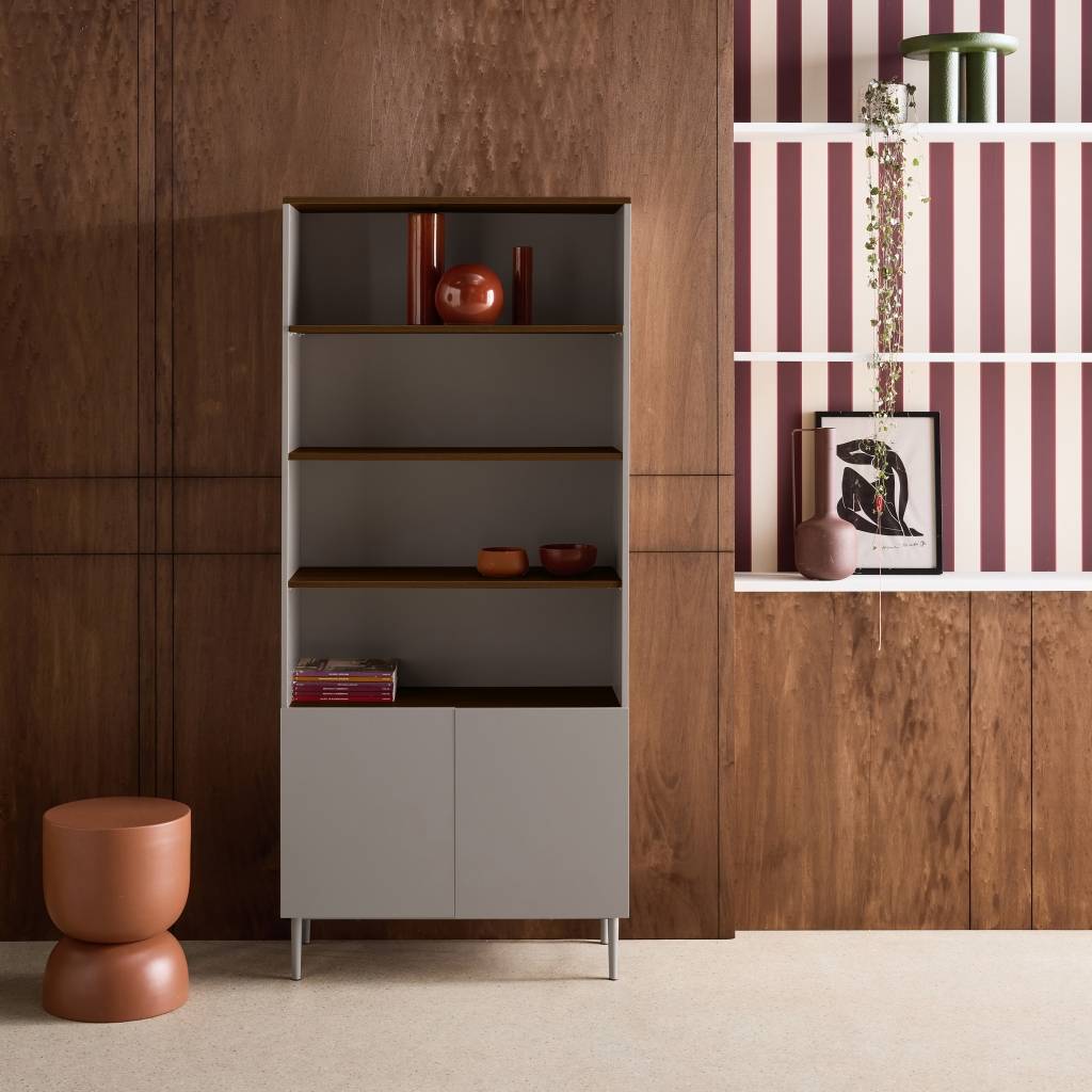 Etagère. bibliothèque métal et décor bois 6 niveaux gris et noyer - Ashton | sweeek - Image 1