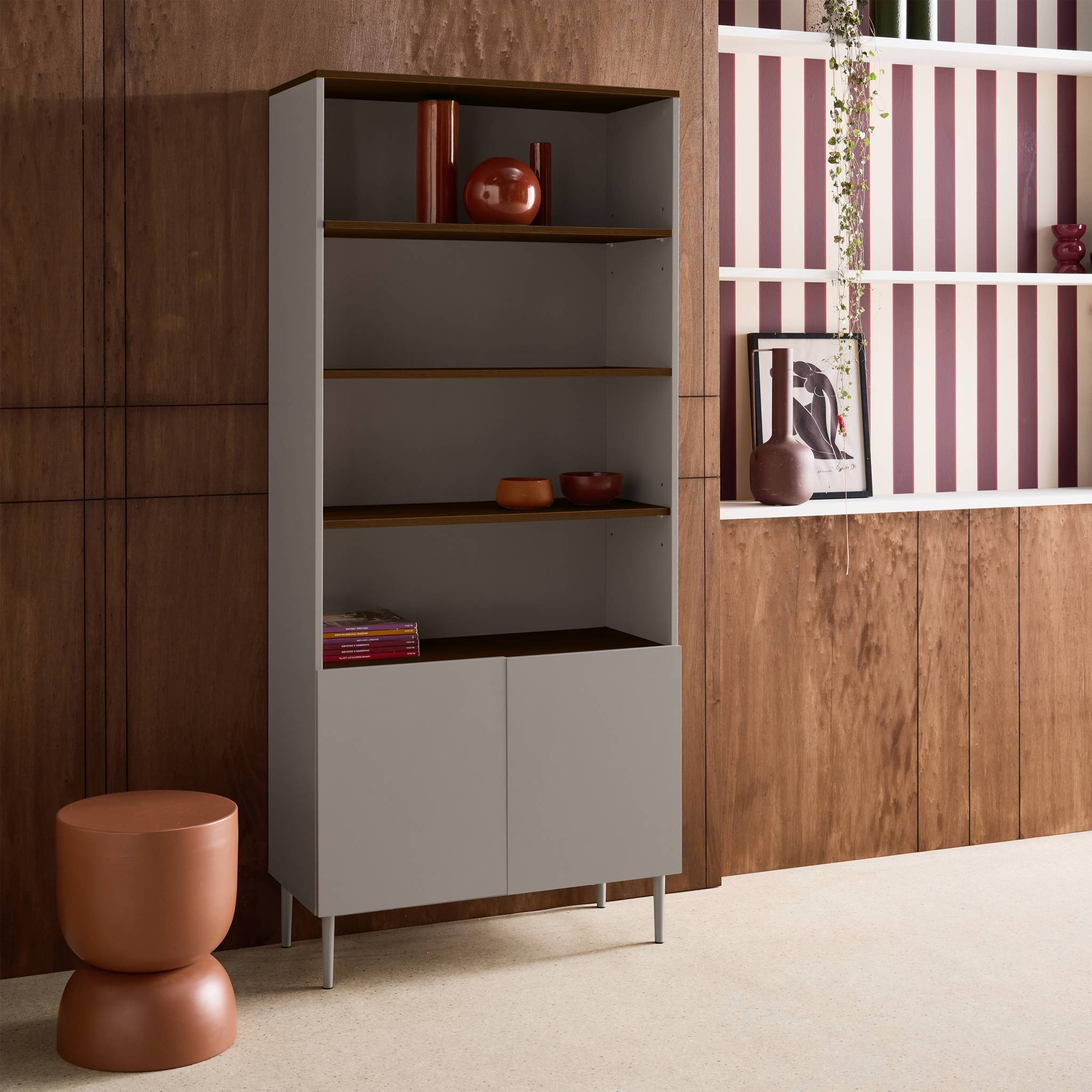 Etagère. bibliothèque métal et décor bois 6 niveaux gris et noyer - Ashton | sweeek - Image 5