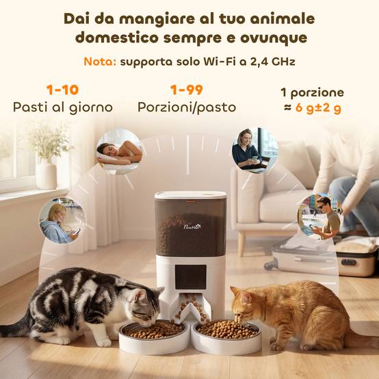 Distributeur automatique nourriture chat 6L WiFi 2.4G, minuterie,1-10 repas/jour,enregistrement 10s,2 bols inox - Image 6