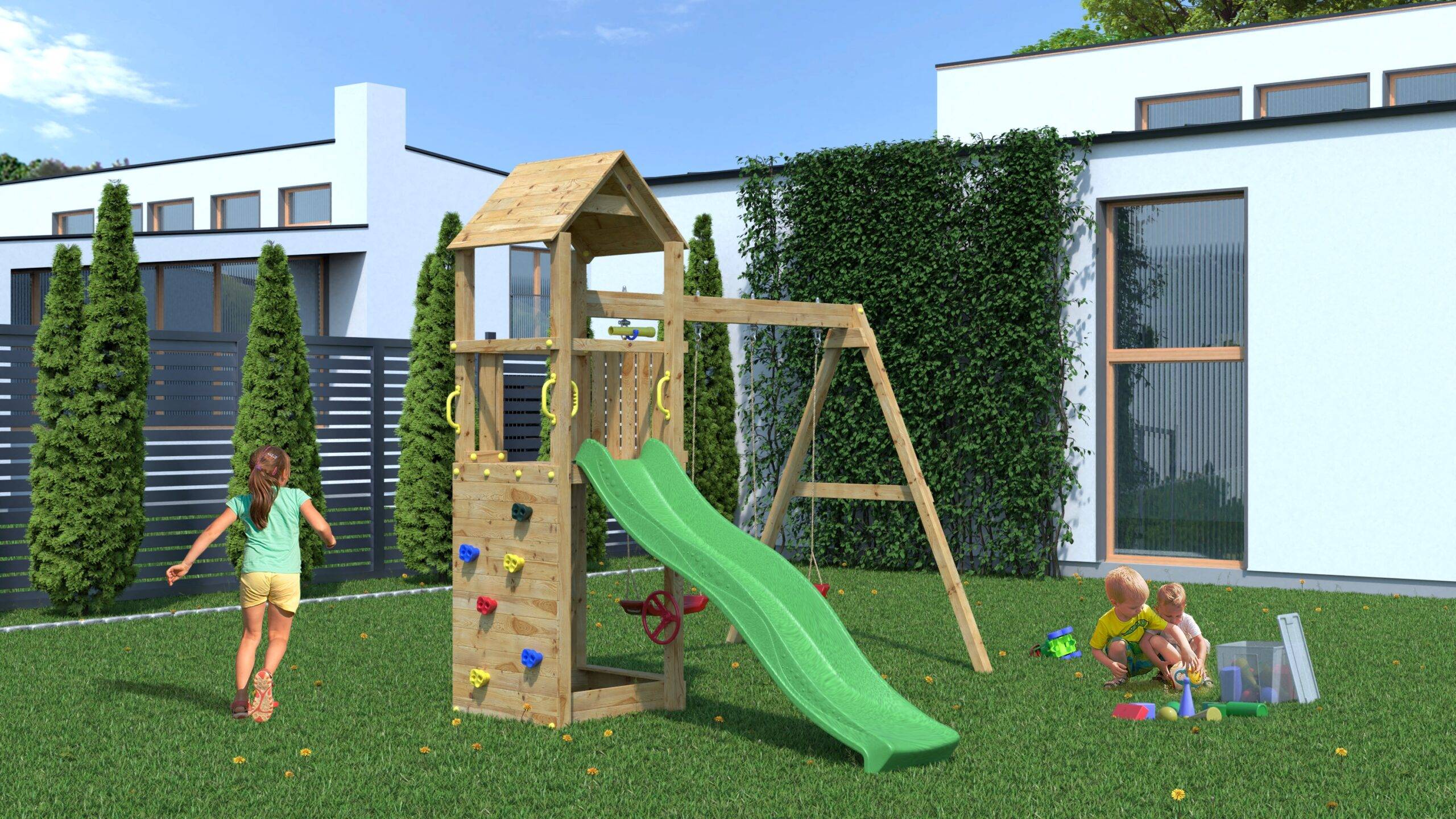 Fungoo - Aire de jeux Bois Flappi Balançoire Double, Toboggan FUNGOO - Image 3