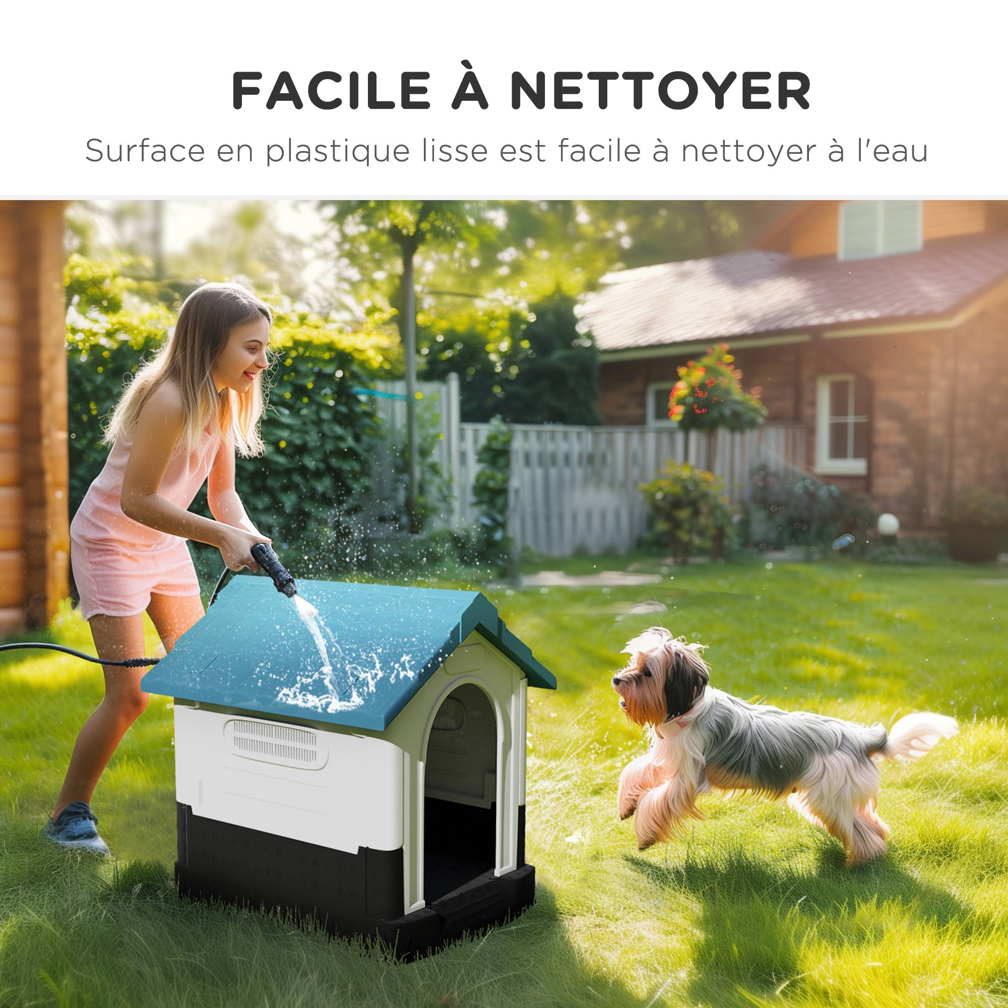 Niche pour chien chenil à l'extérieur pour chiens de petite et moyenne taille 64,5 x 57 x 66 cm blanc et bleu - Image 7