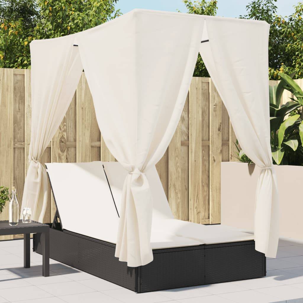Chaise longue | Transat | Bain de soleil double avec toit et rideaux noir résine tressée - Image 2